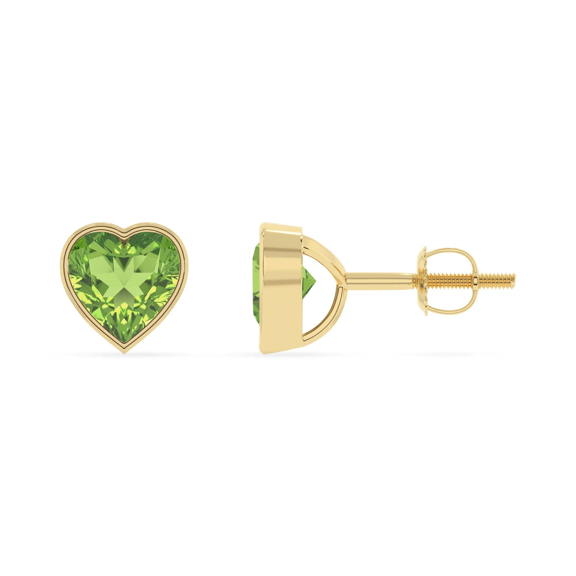 natural peridot heart stud earrings in yellow gold
