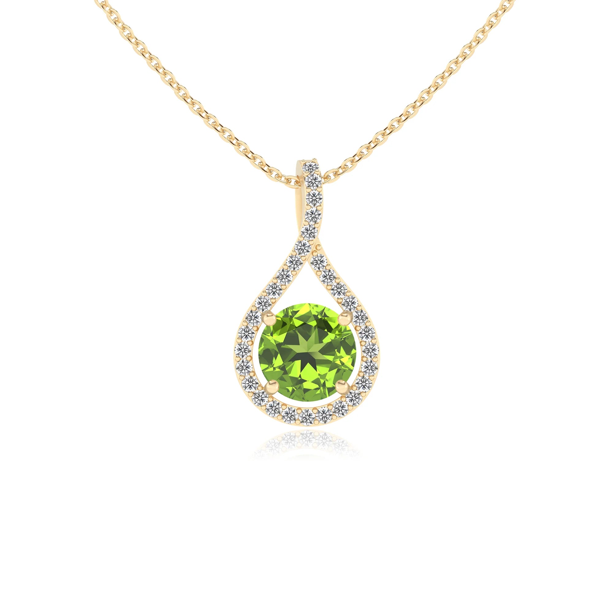 natural peridot round solitaire necklaces in yellow gold