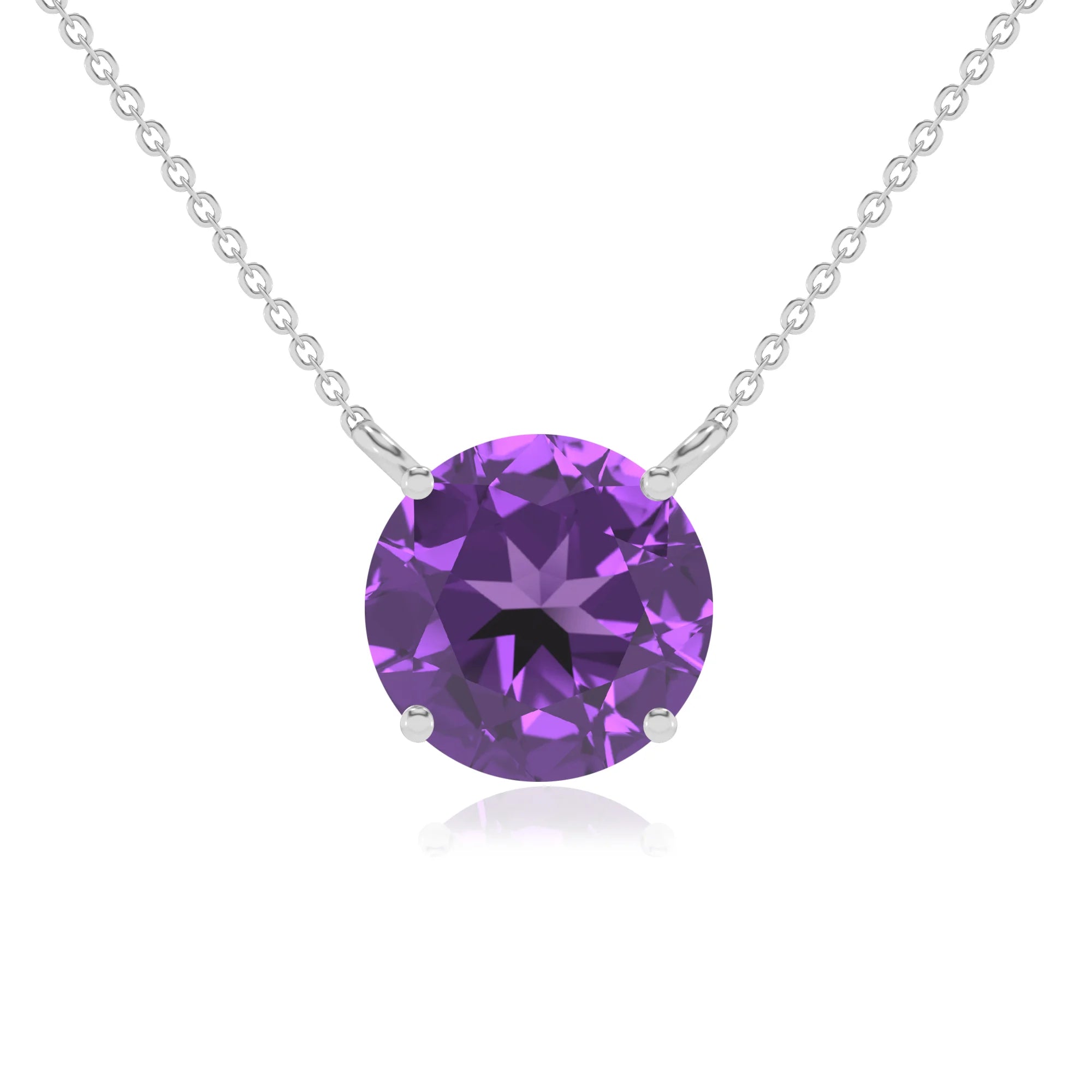 lab grown amethyst round solitaire necklaces in white gold