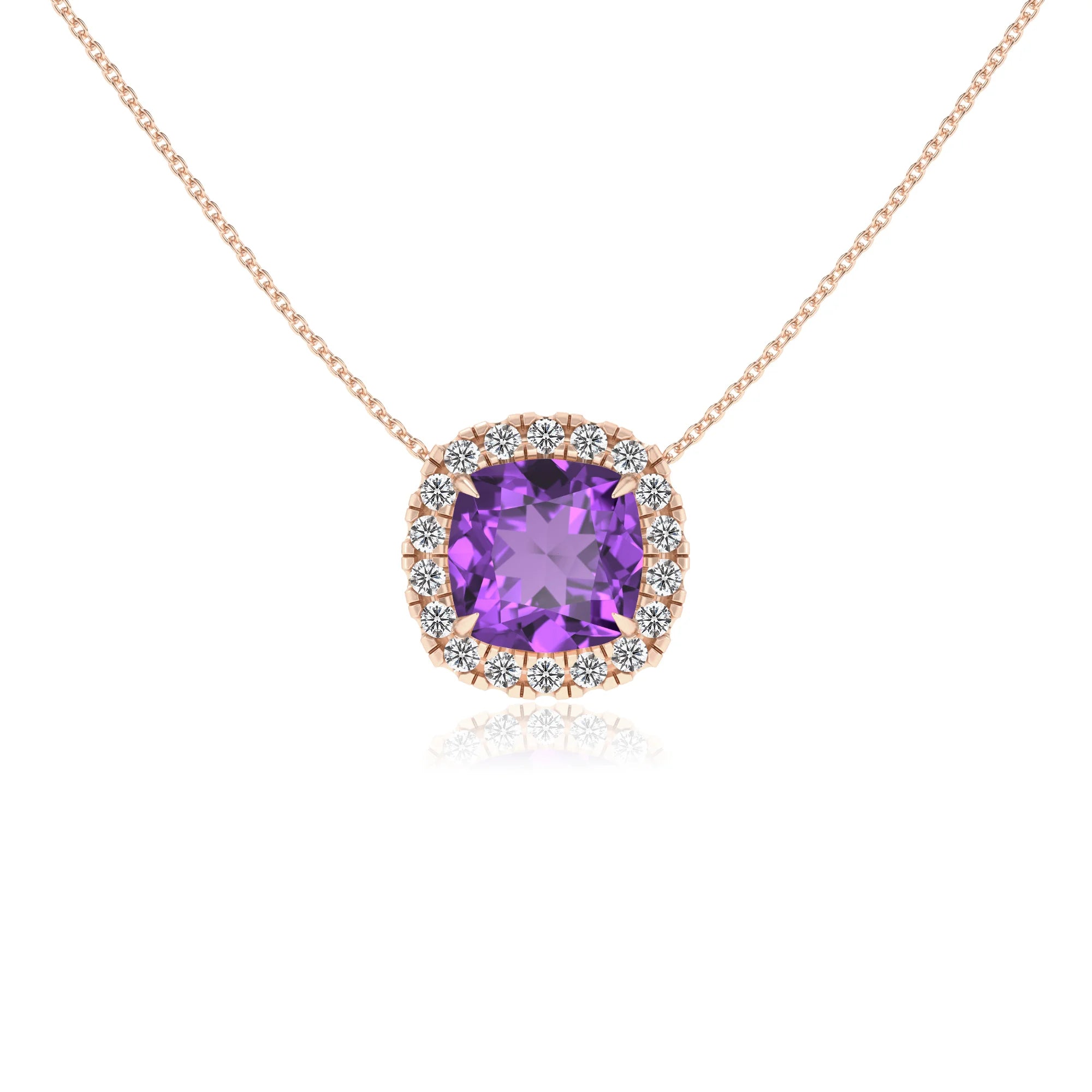 lab grown amethyst cushion solitaire necklaces in rose gold