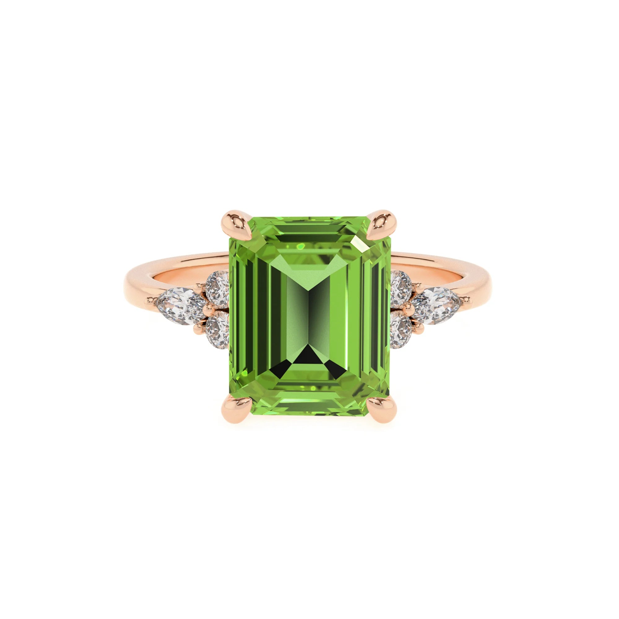natural peridot emerald cut solitaire rings in rose gold