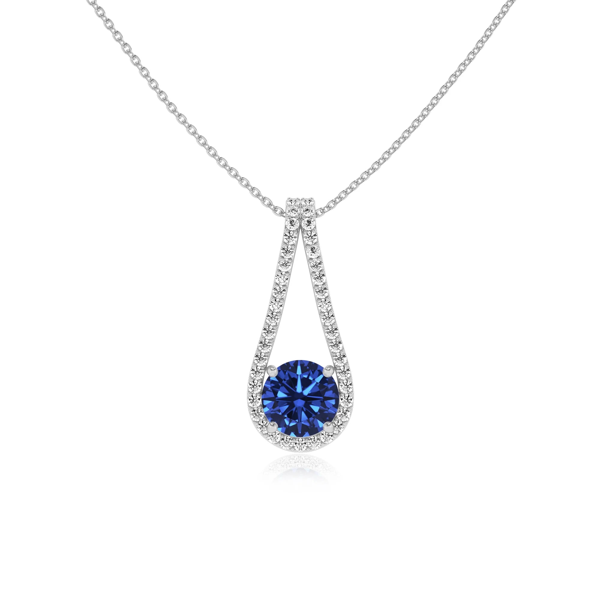 lab grown blue-sapphire round solitaire v-bale necklaces in white gold