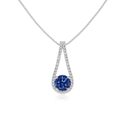 lab grown blue-sapphire round solitaire v-bale necklaces in white gold