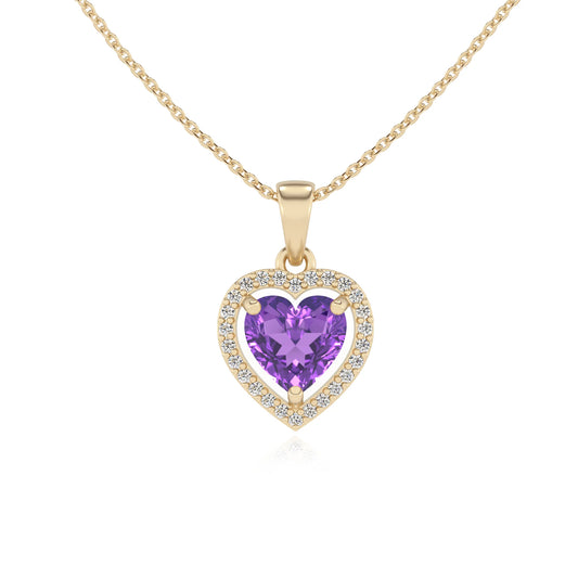 lab grown amethyst heart solitaire necklaces in yellow gold