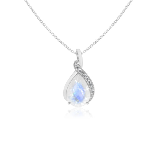 natural rainbow-moonstone pear solitaire necklaces in white gold