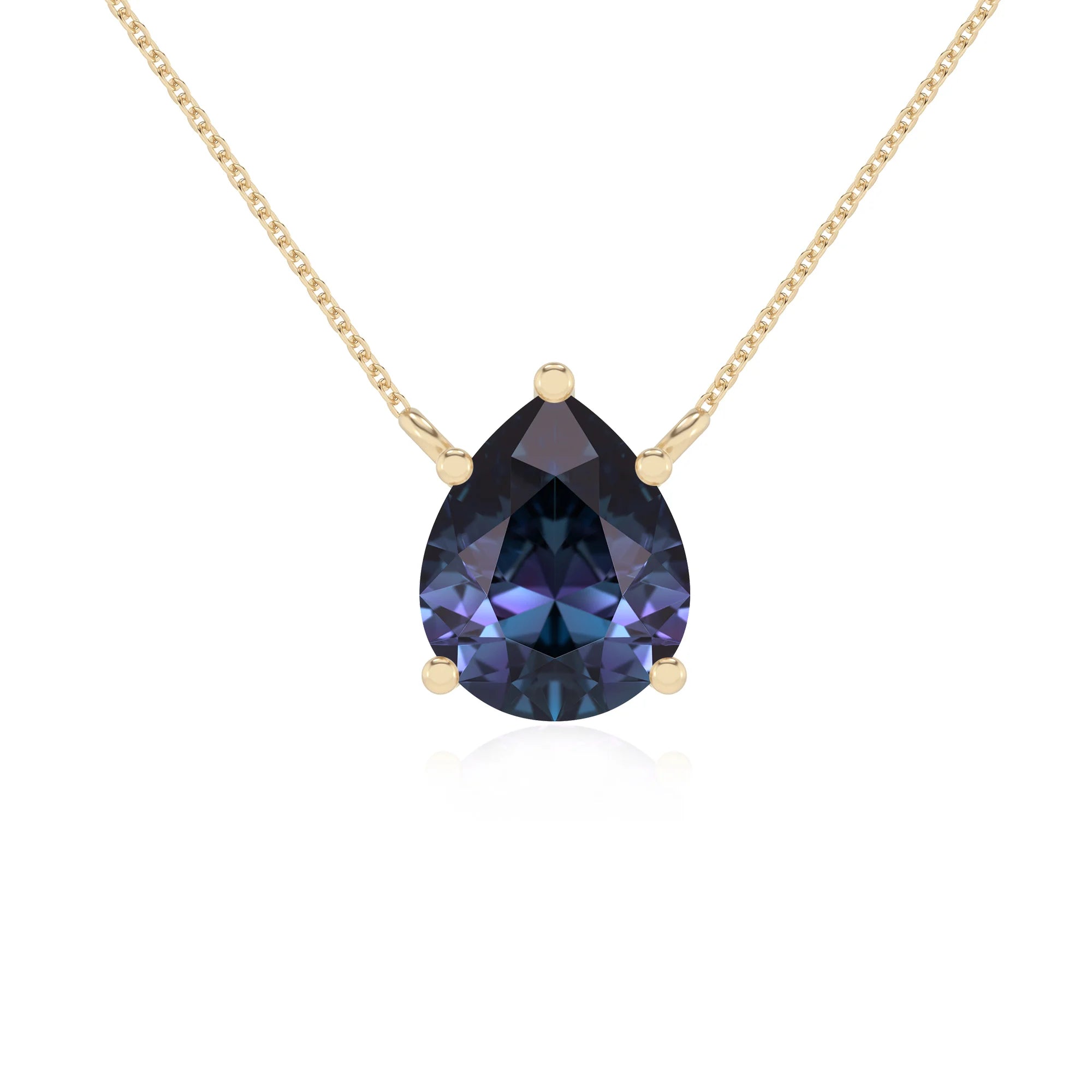 lab grown alexandrite pear solitaire necklaces in yellow gold
