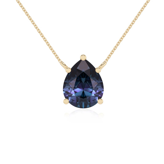 lab grown alexandrite pear solitaire necklaces in yellow gold