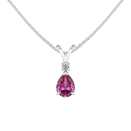 lab grown pink-sapphire pear solitaire v-bale necklaces in sterling silver