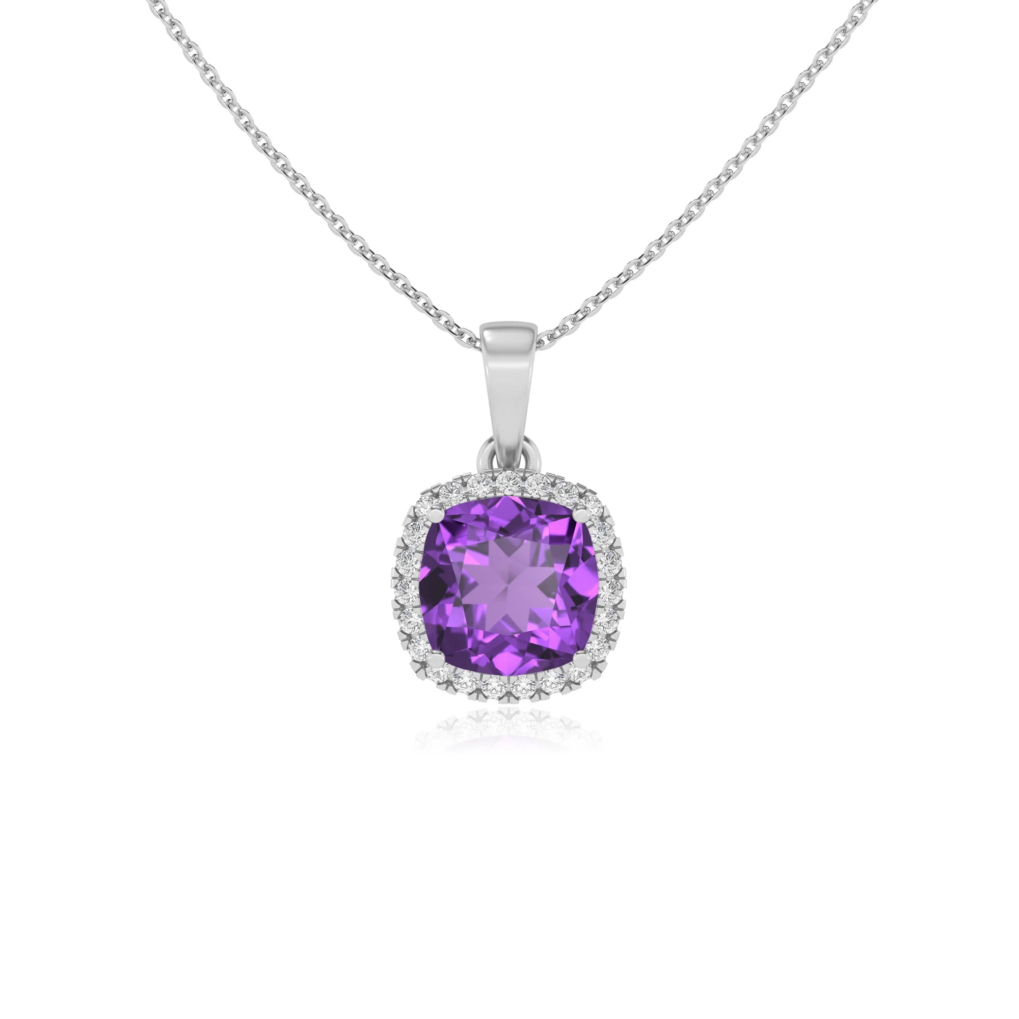lab grown amethyst cushion solitaire necklaces in sterling silver