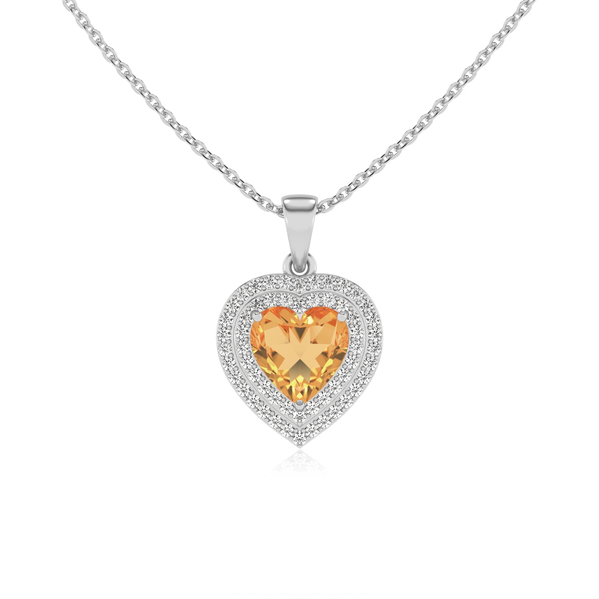 lab grown citrine heart halo necklaces in white gold