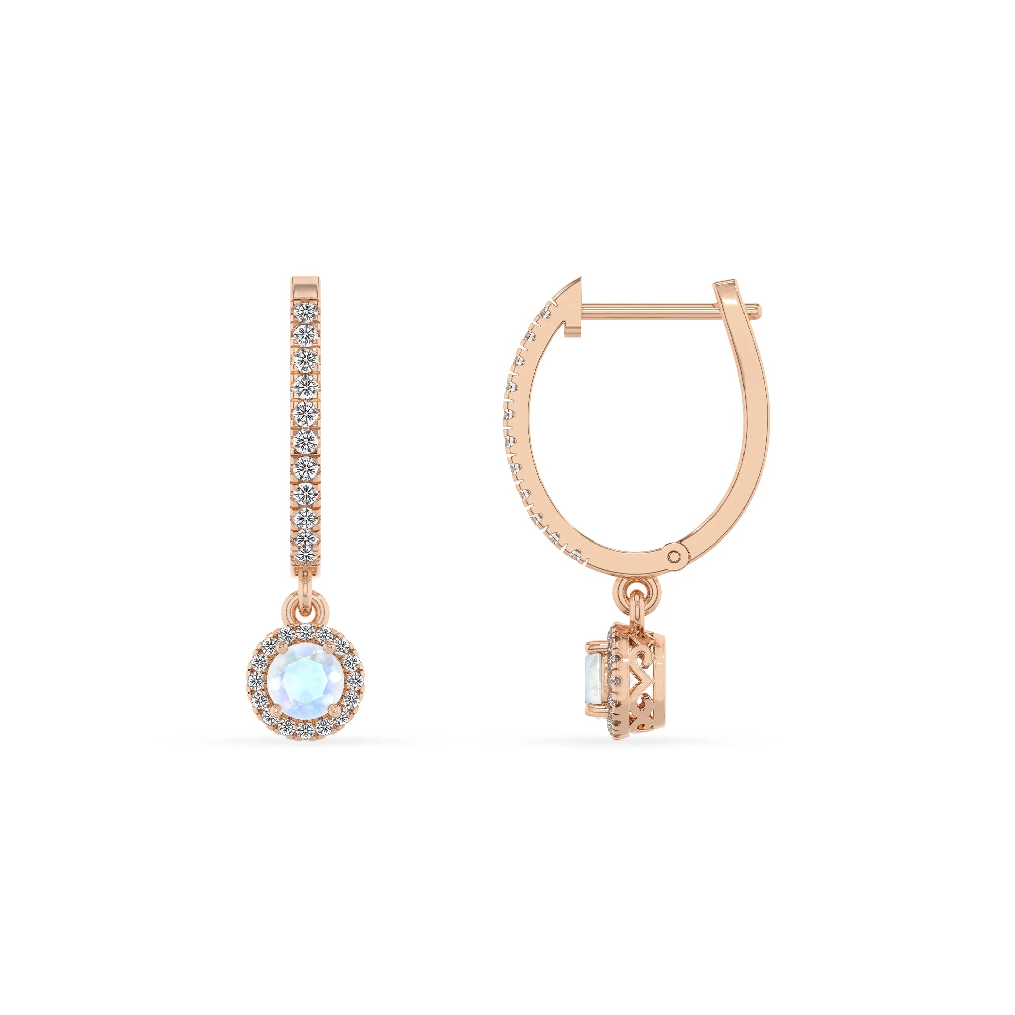 natural rainbow moonstone round drop earrings in rose gold
