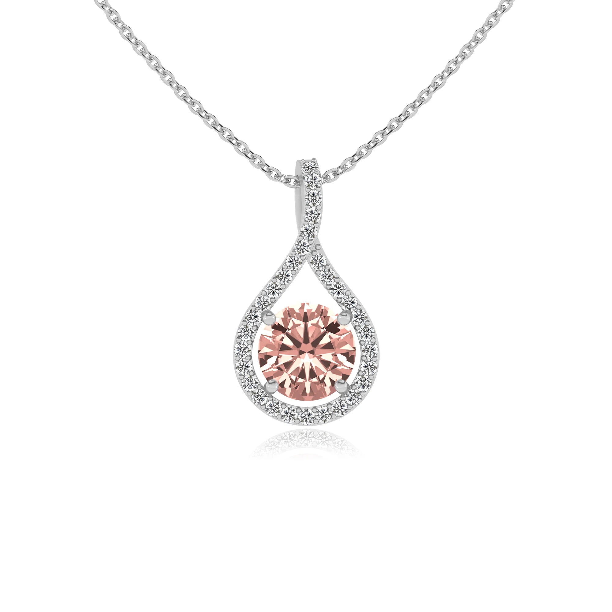 lab grown morganite round solitaire necklaces in white gold