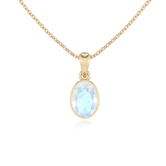 natural rainbow-moonstone oval solitaire necklaces in yellow gold