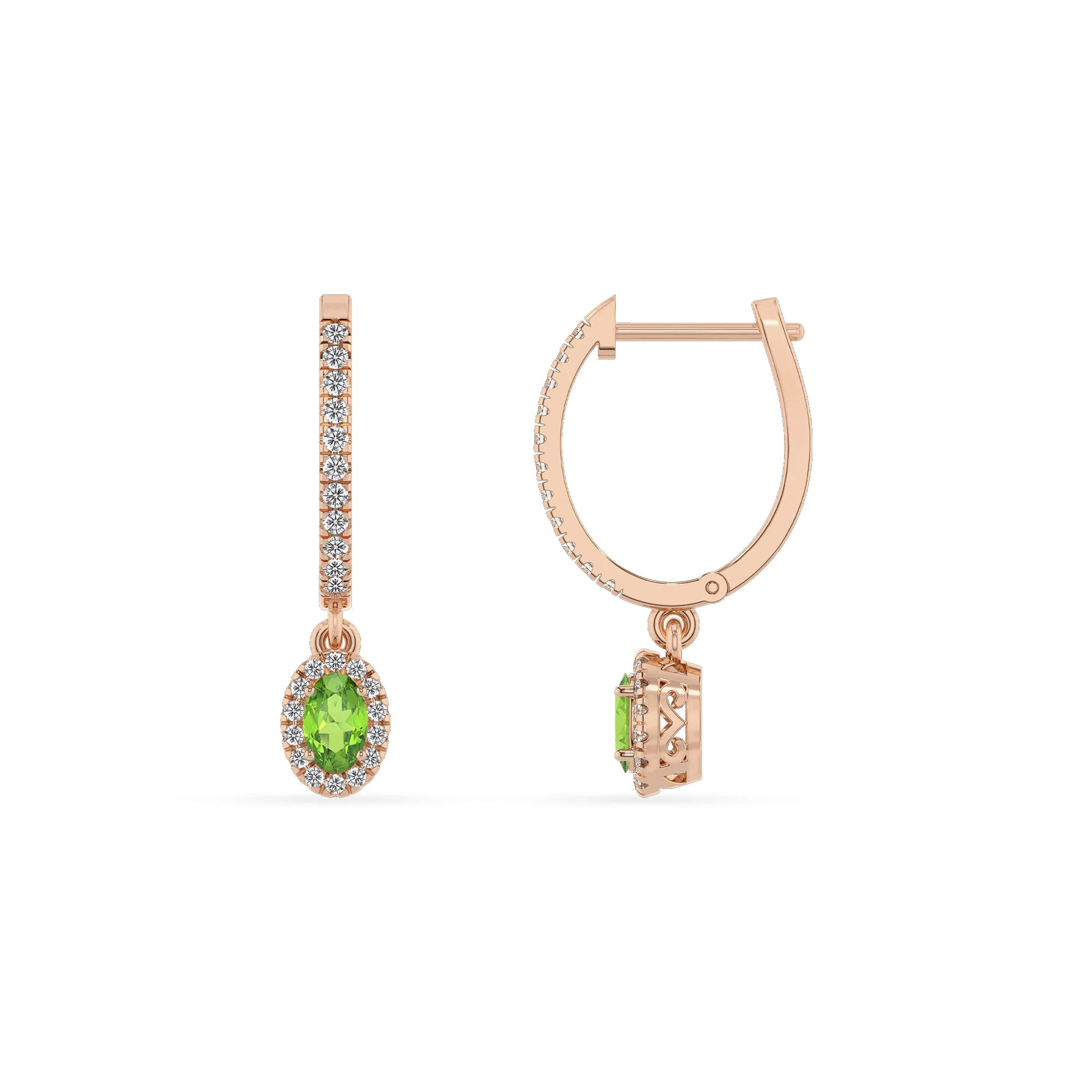 natural peridot oval drop earrings in rose gold