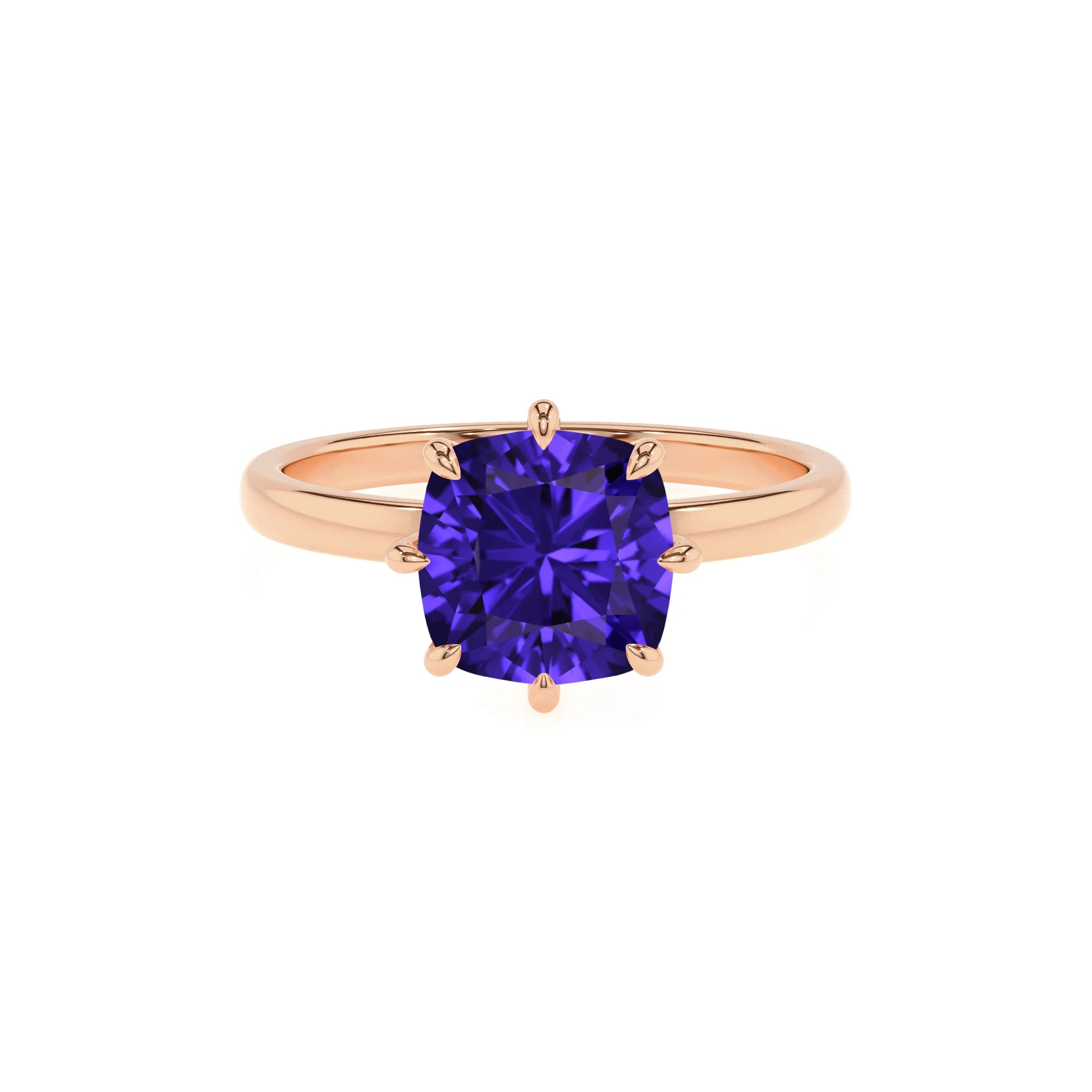 lab grown tanzanite cushion solitaire rings in rose gold