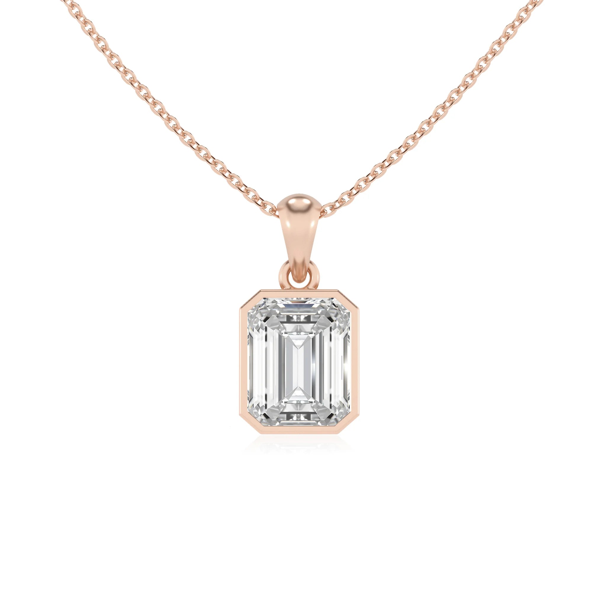 lab grown moissanite emerald cut solitaire necklaces in rose gold