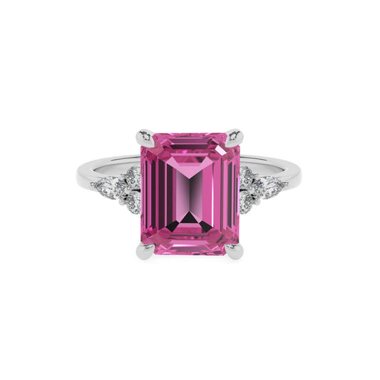 lab grown pink-sapphire emerald cut solitaire rings in platinum