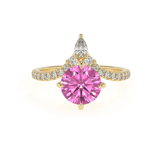 lab grown pink-sapphire round solitaire rings in yellow gold