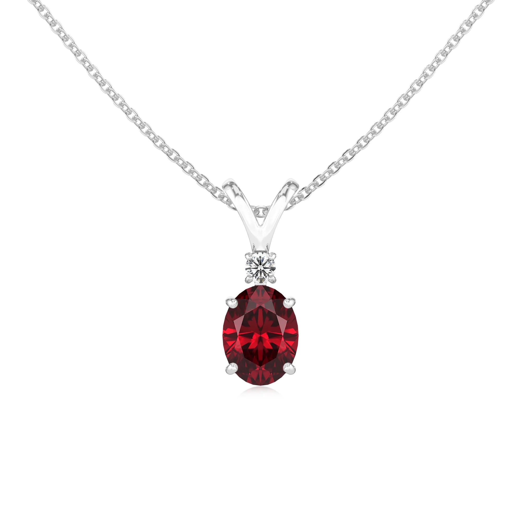 lab grown ruby oval solitaire v-bale necklaces in rose gold