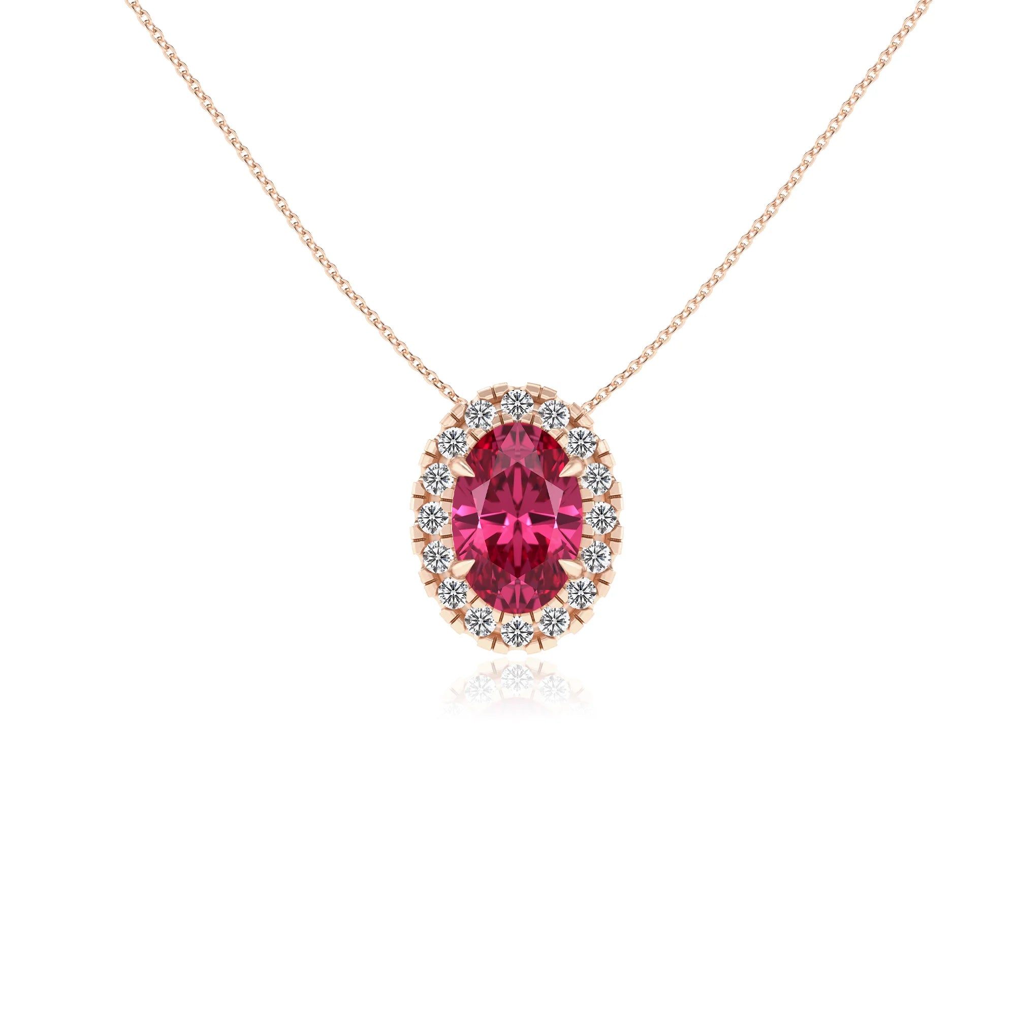 lab grown pink tourmaline oval solitaire necklaces in rose gold