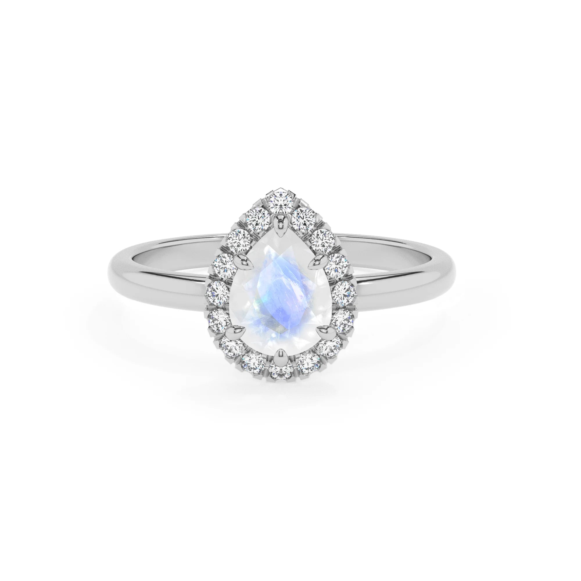 natural rainbow-moonstone pear solitaire rings in platinum