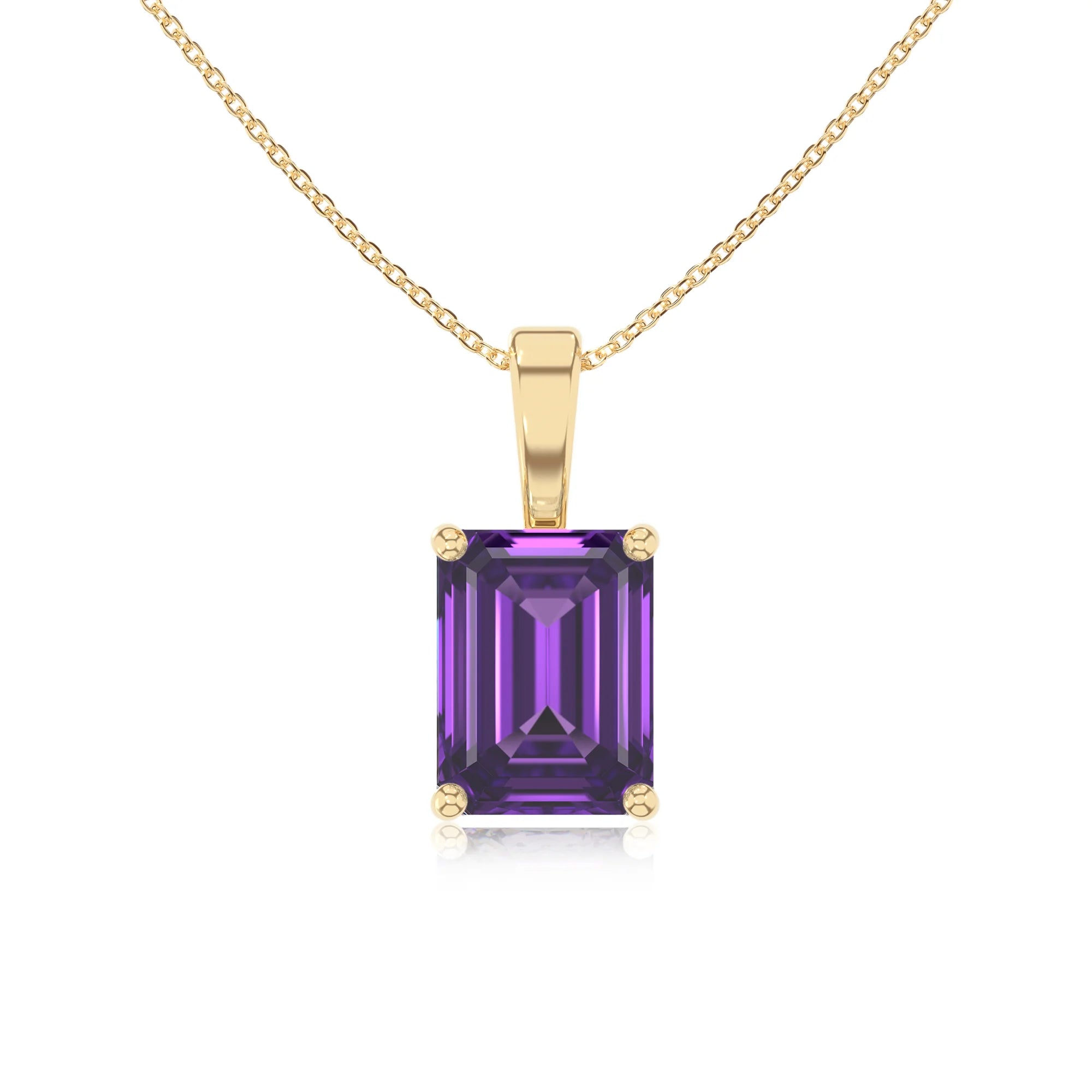 lab grown amethyst emerald cut solitaire necklaces in yellow gold