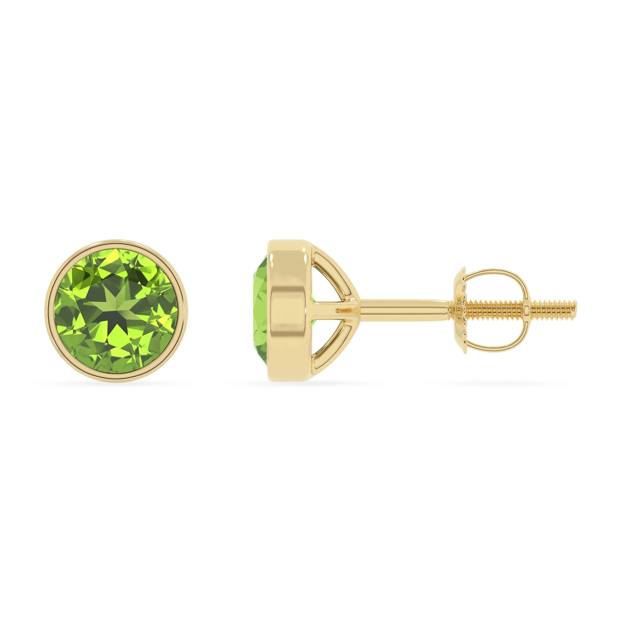 natural peridot round stud earrings in yellow gold