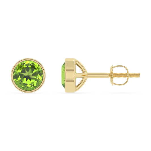 natural peridot round stud earrings in yellow gold