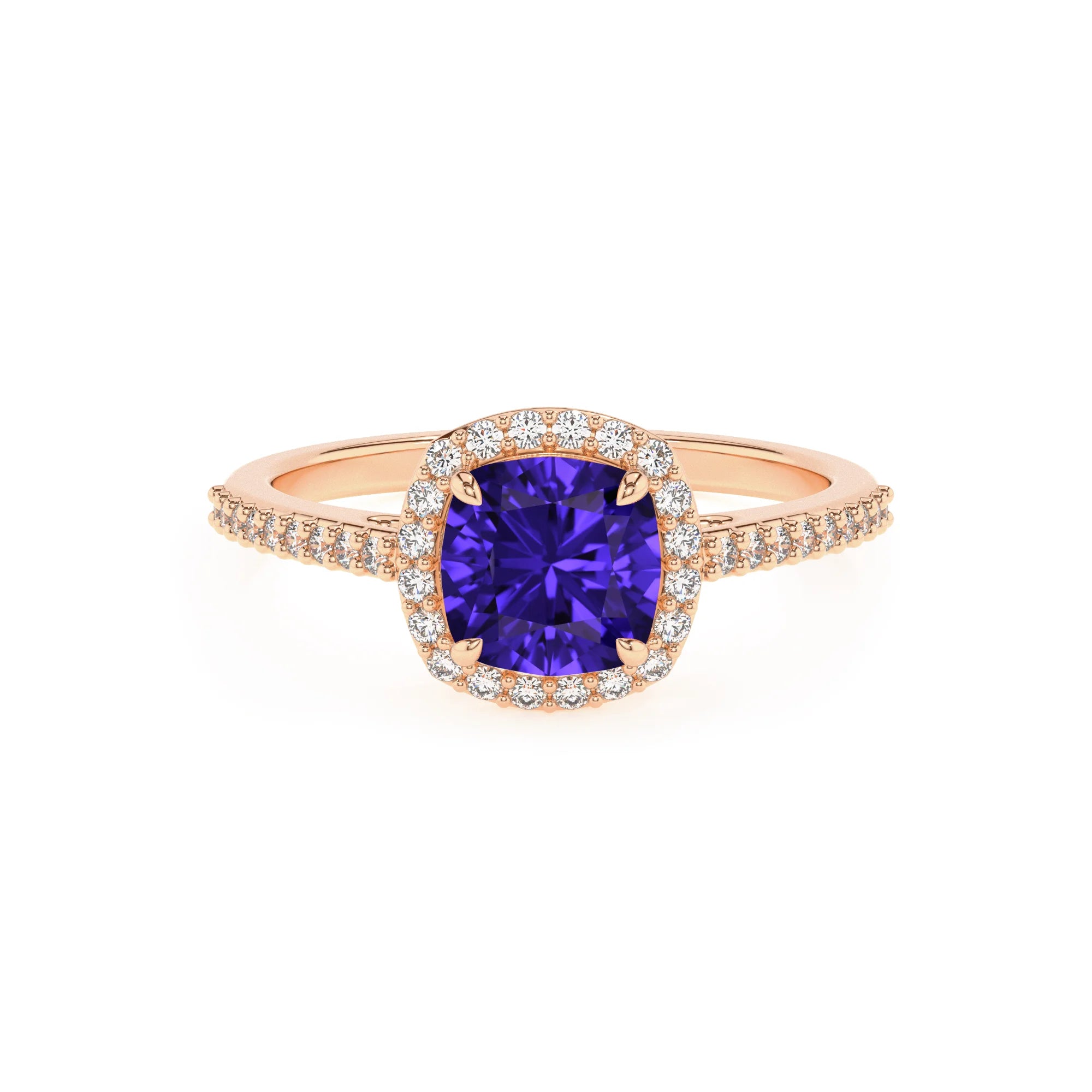 lab grown tanzanite cushion solitaire rings in rose gold