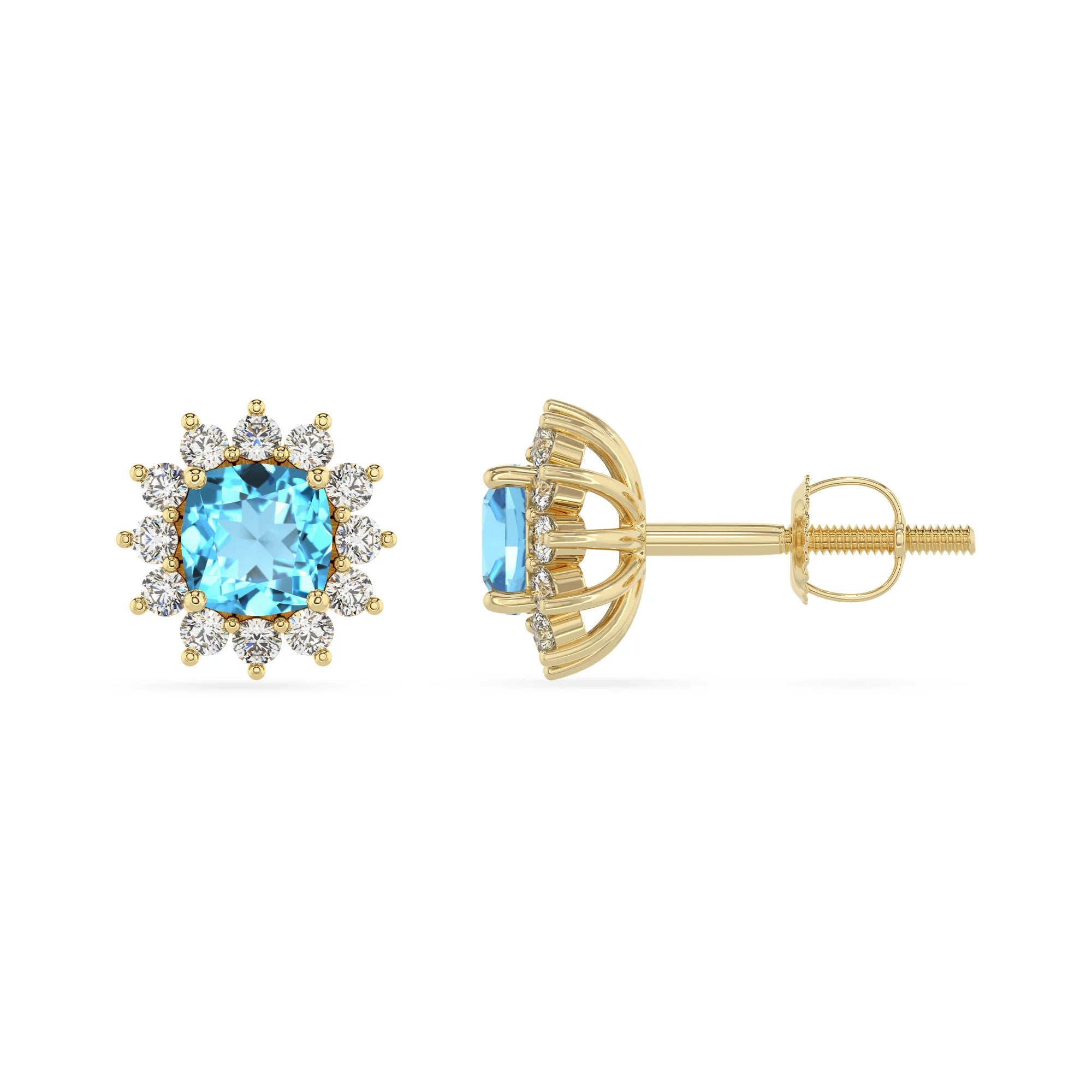 natural swiss blue topaz cushion stud earrings in yellow gold