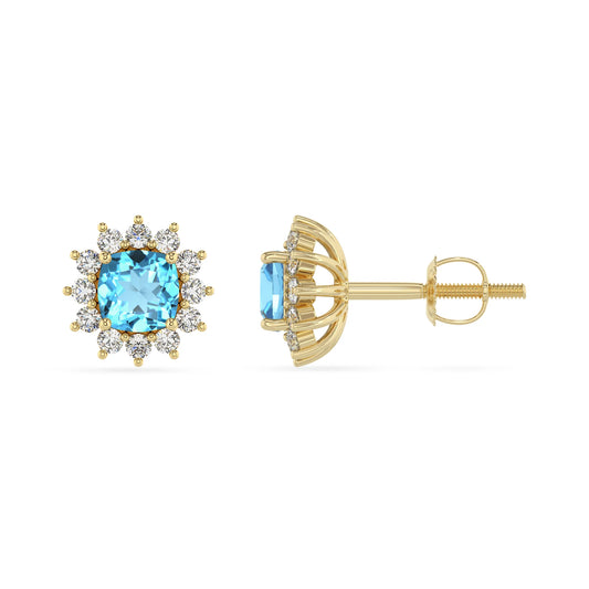 natural swiss blue topaz cushion stud earrings in yellow gold