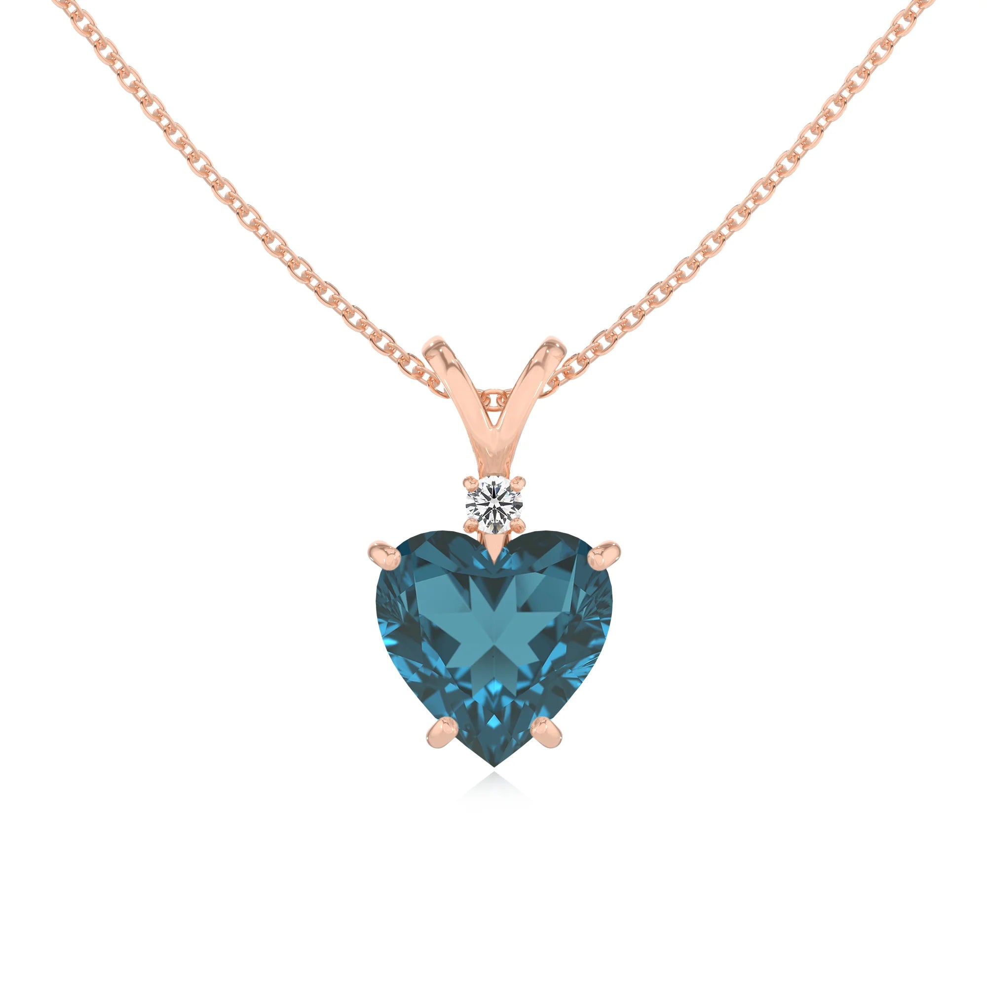 natural london-blue-topaz heart solitaire v-bale necklaces in rose gold