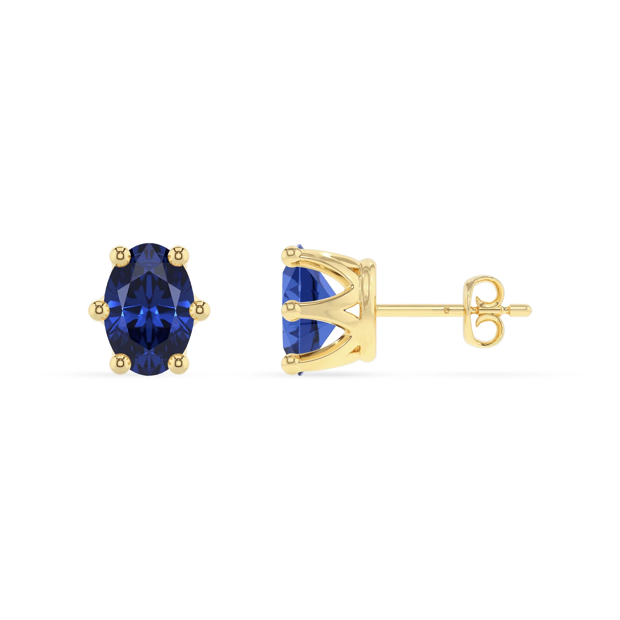 lab grown blue sapphire oval stud earrings in yellow gold