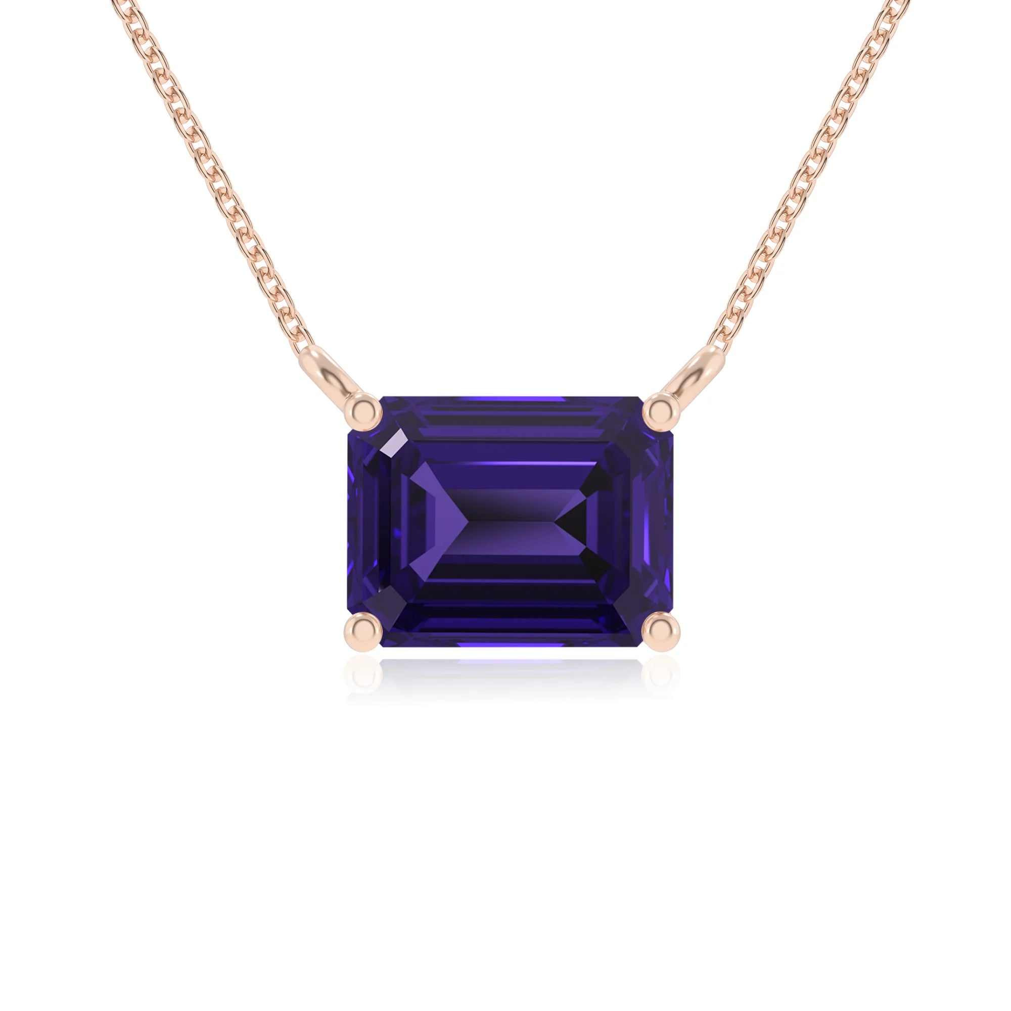 lab grown tanzanite emerald cut solitaire necklaces in rose gold