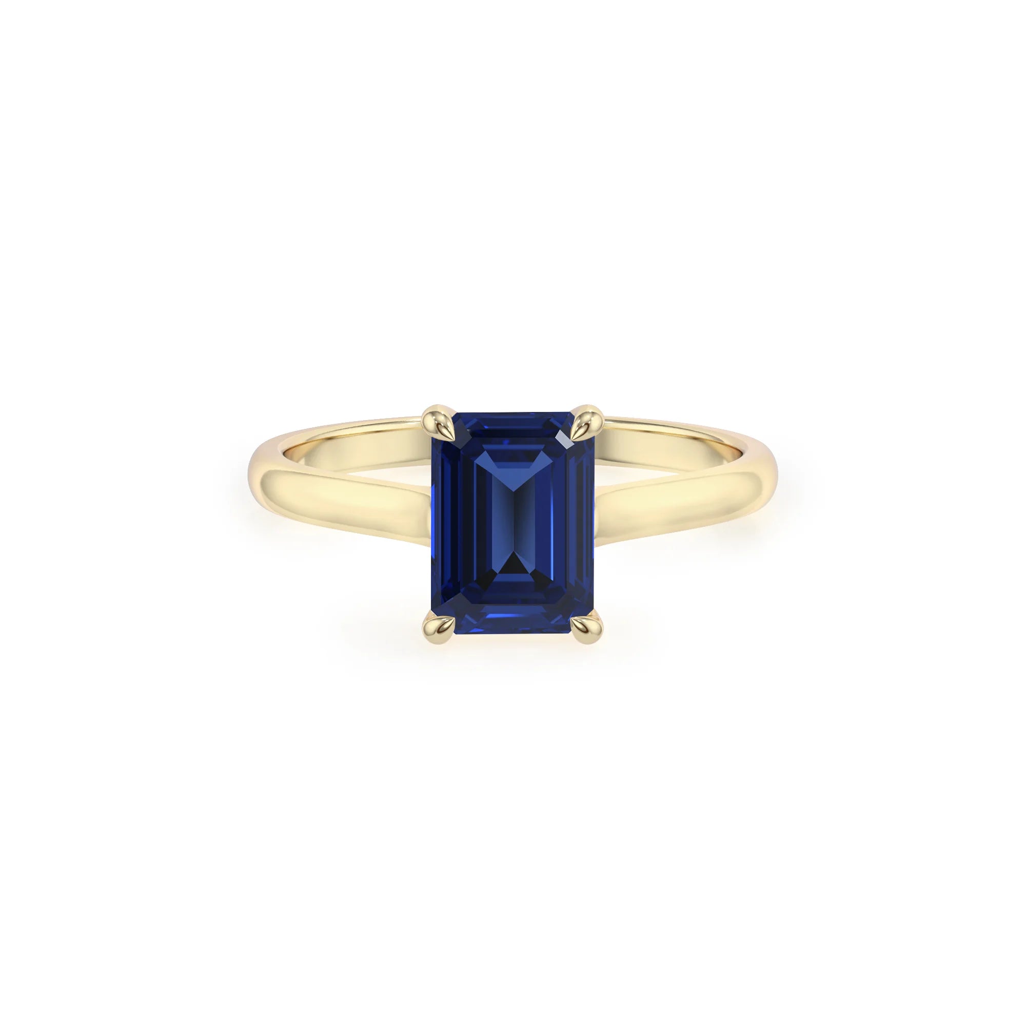 lab grown blue-sapphire emerald cut solitaire rings in yellow gold