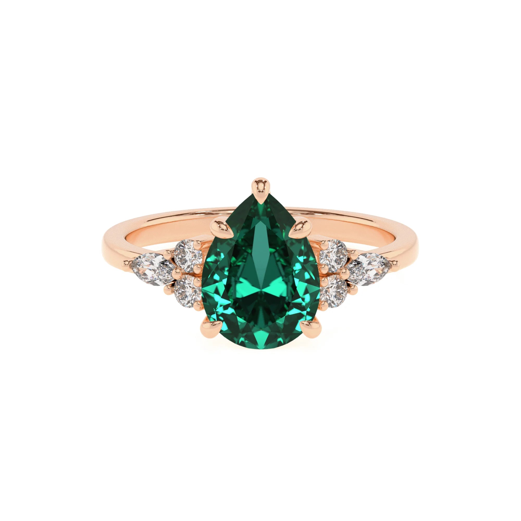 lab grown emerald pear solitaire rings in rose gold