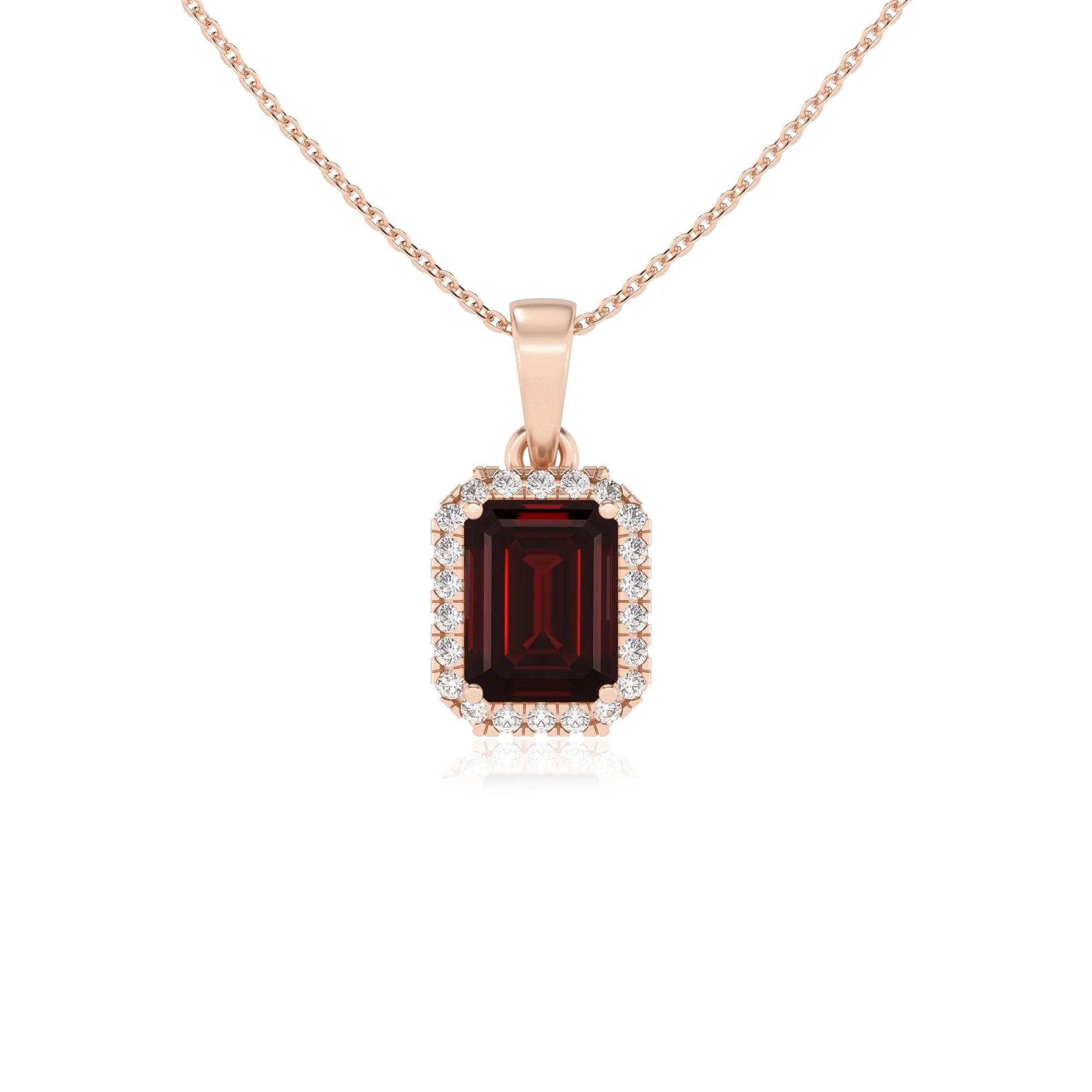 natural garnet emerald cut solitaire necklaces in rose gold