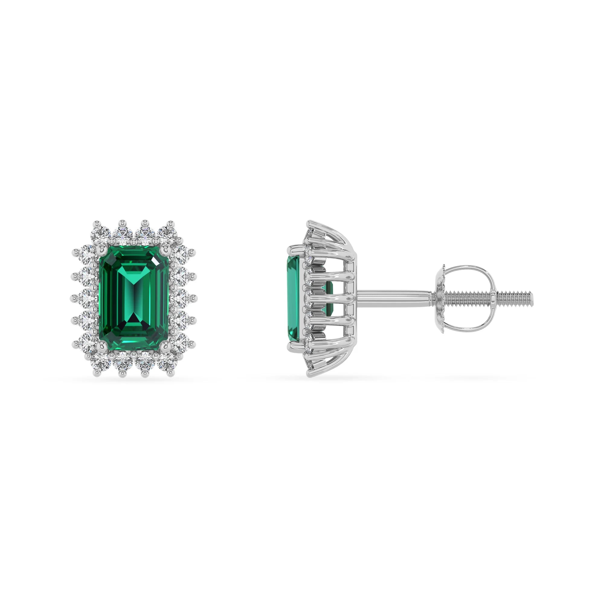 lab grown emerald octogon cut stud earrings in white gold