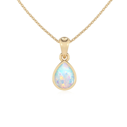lab grown opal pear solitaire necklaces in yellow gold