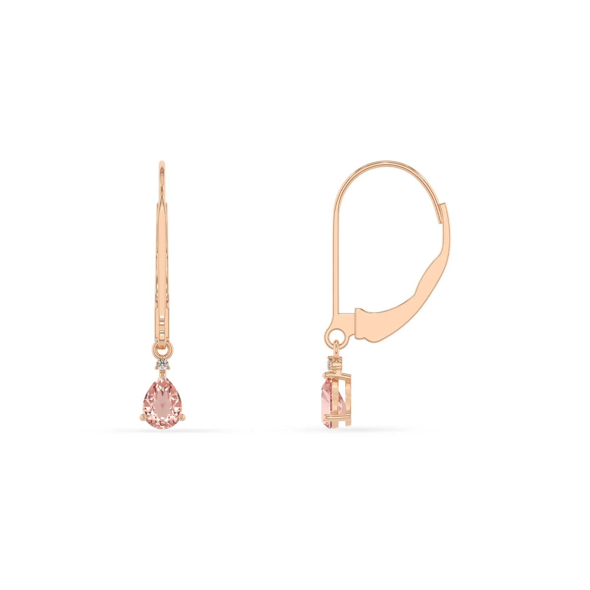 lab grown morganite pear drop earrings in rose gold