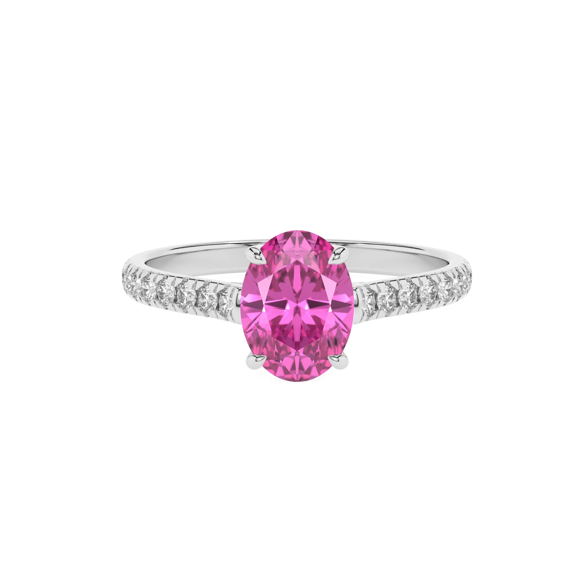 lab grown pink-sapphire oval half eternity solitaire engagement rings in sterling silver