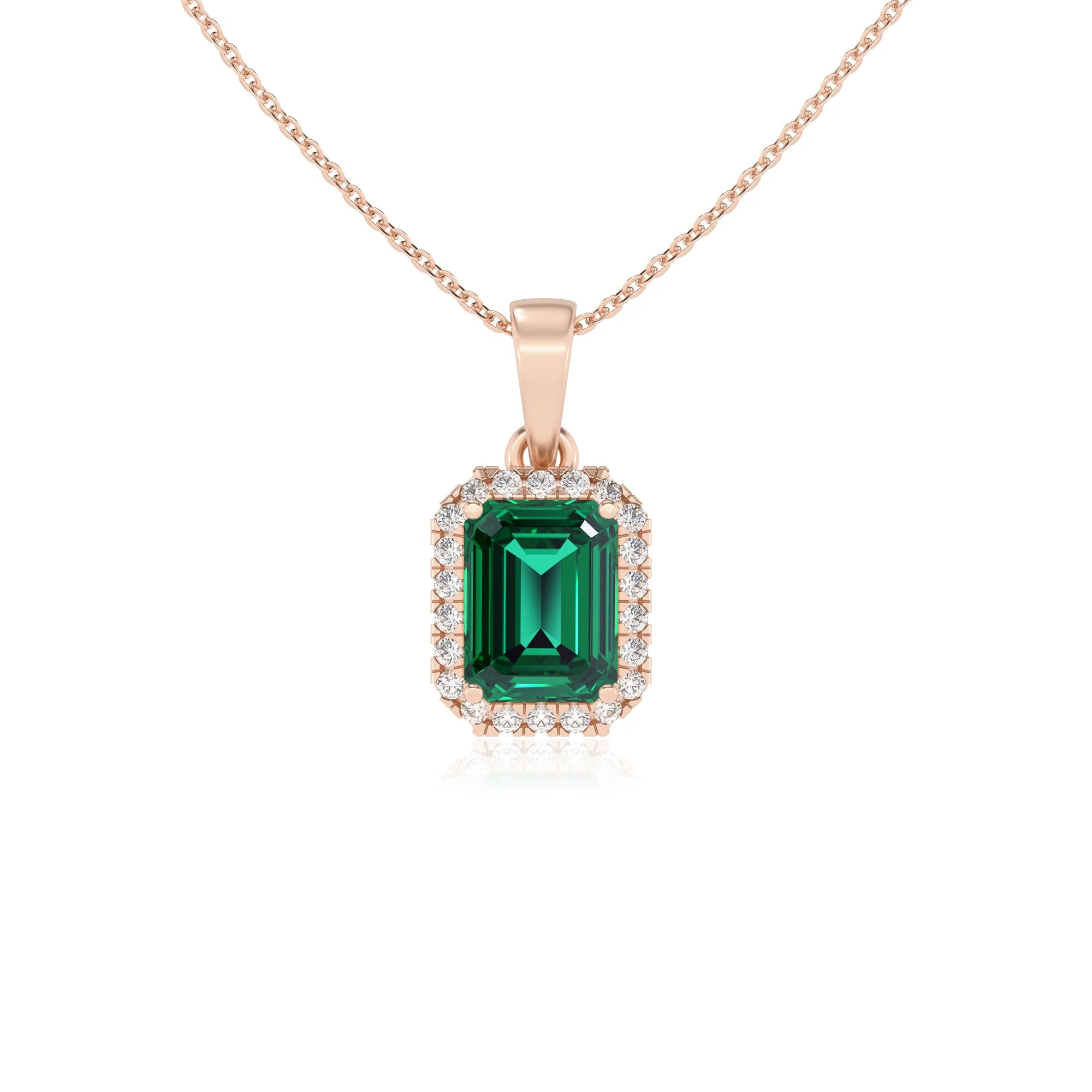 lab grown emerald octogon cut solitaire necklaces in rose gold