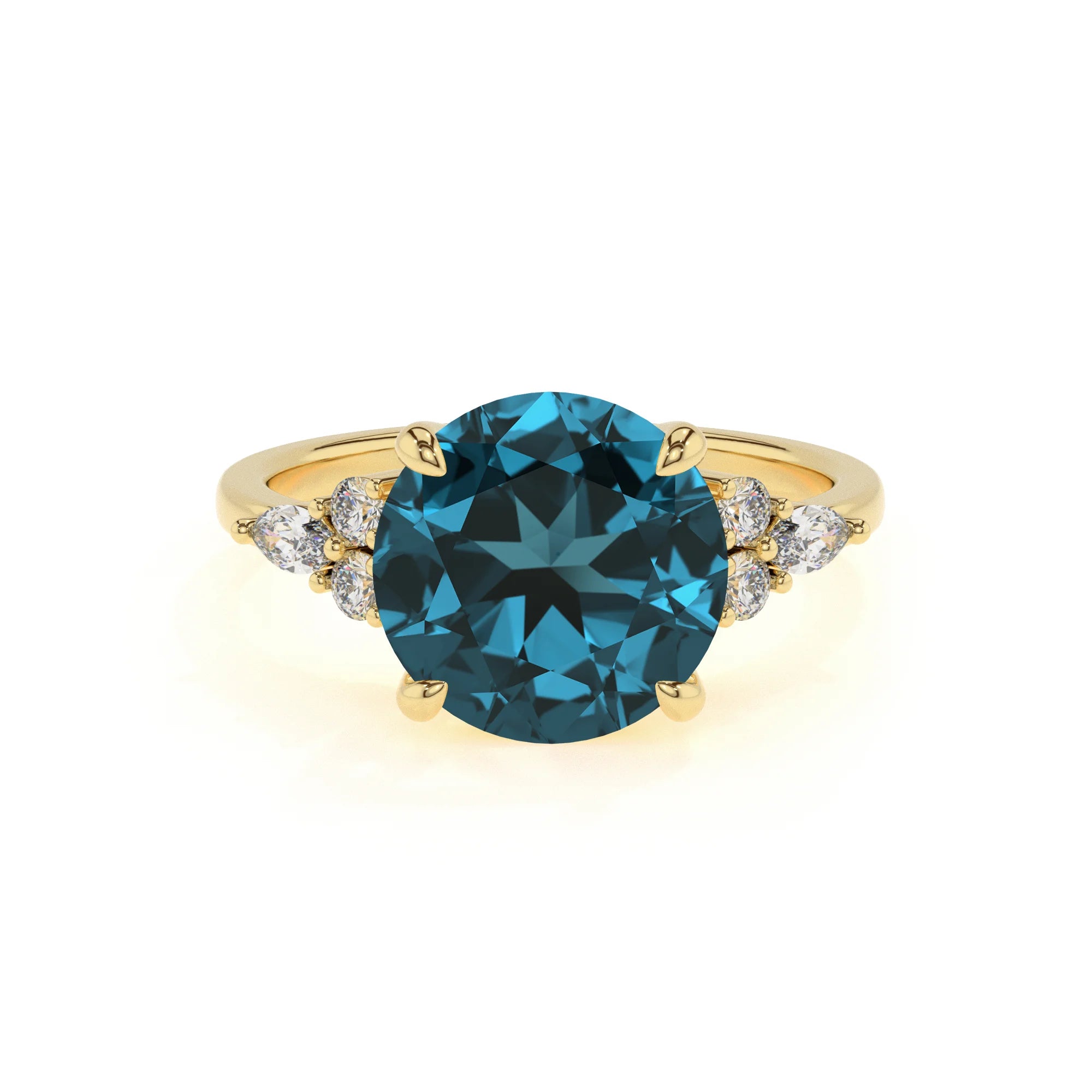 natural london-blue-topaz round solitaire rings in yellow gold