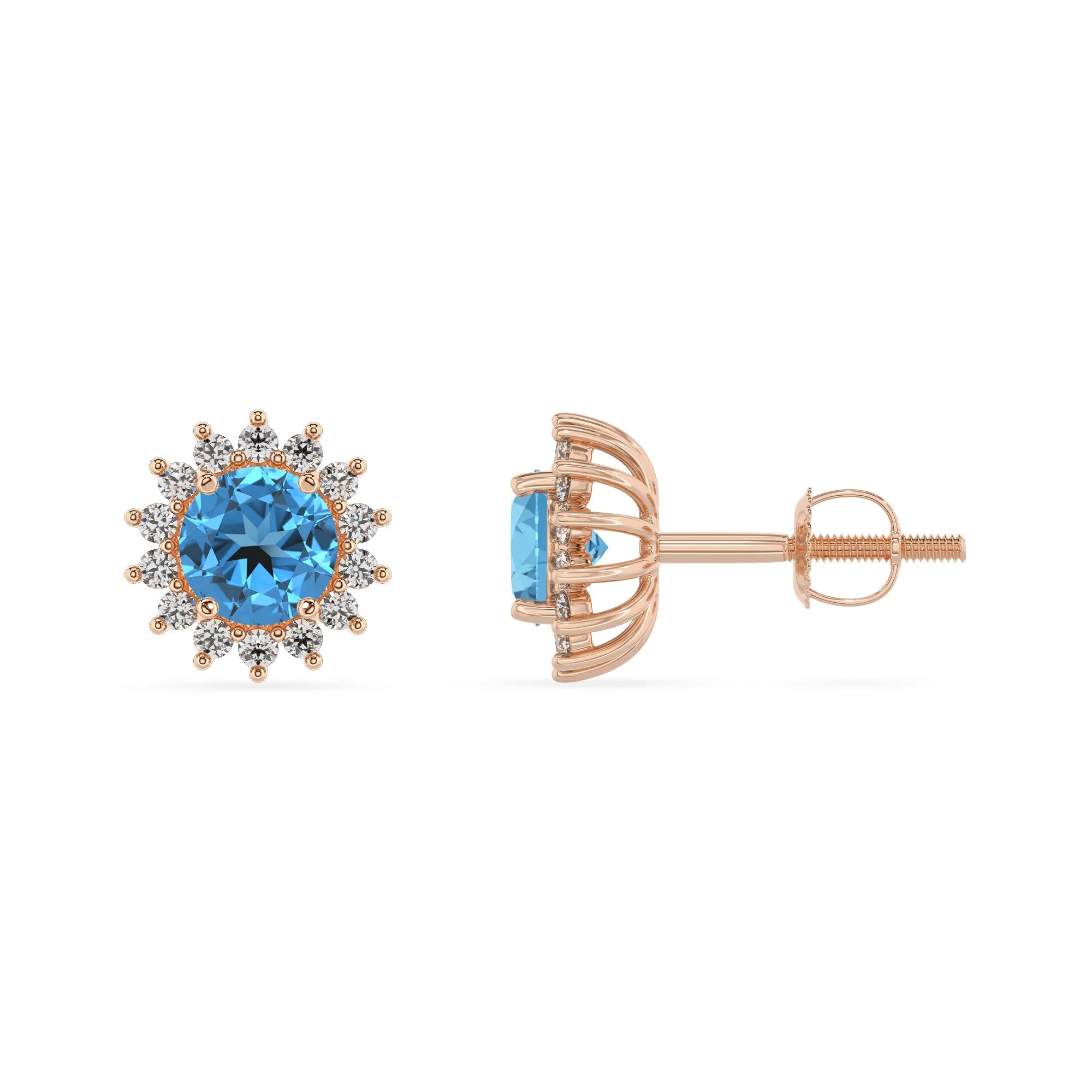 natural swiss blue topaz round stud earrings in rose gold