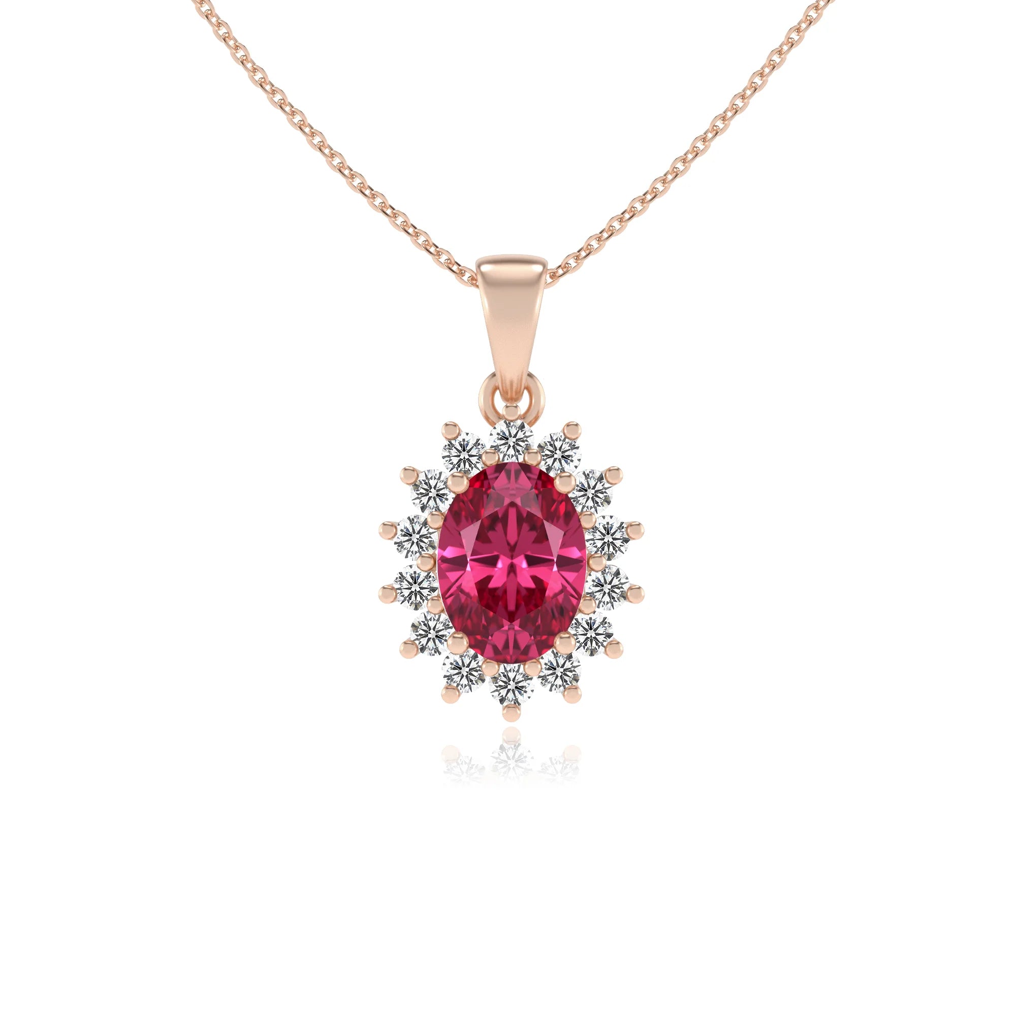 lab grown pink-tourmaline oval halo necklaces in rose gold