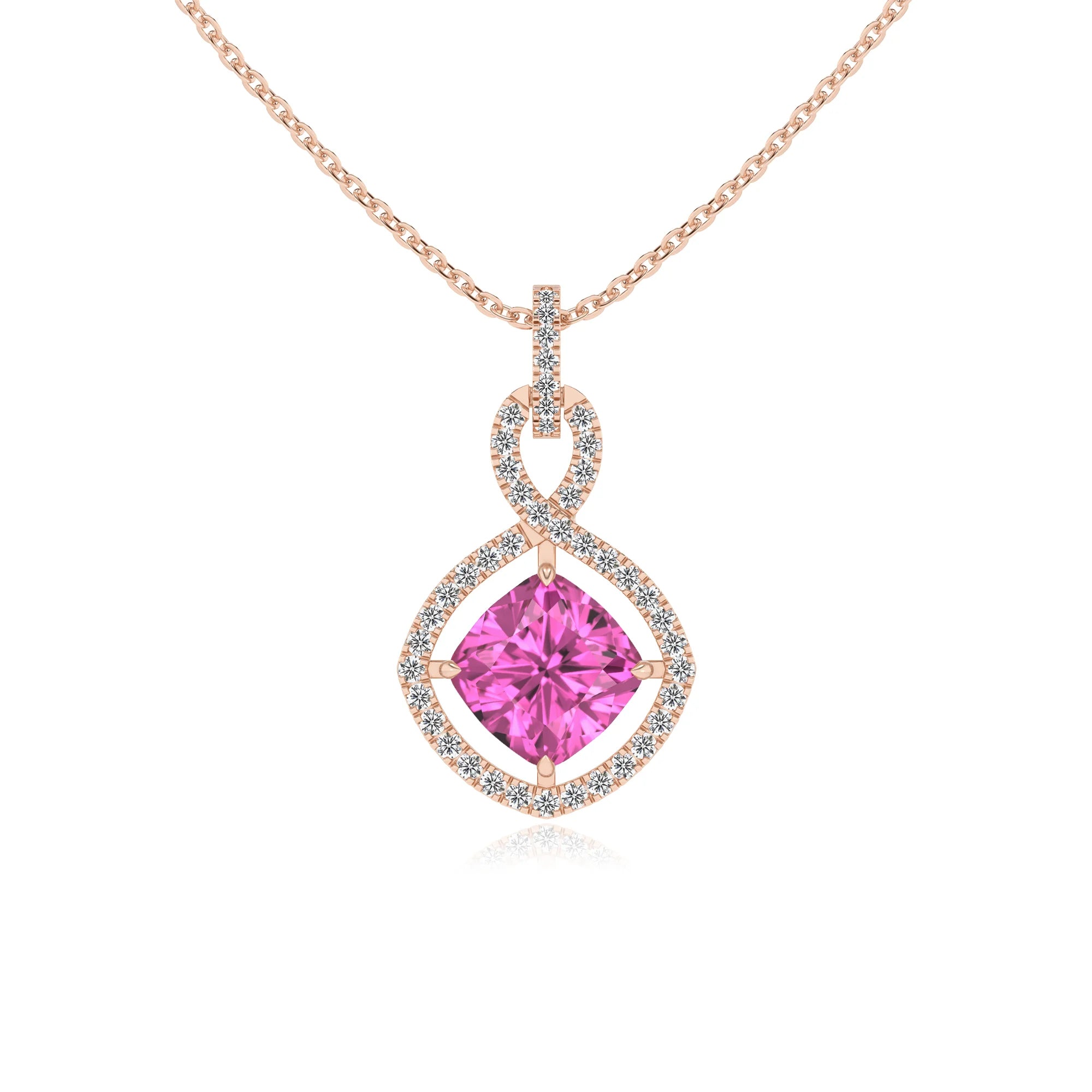 lab grown pink-sapphire cushion infinity necklaces in rose gold