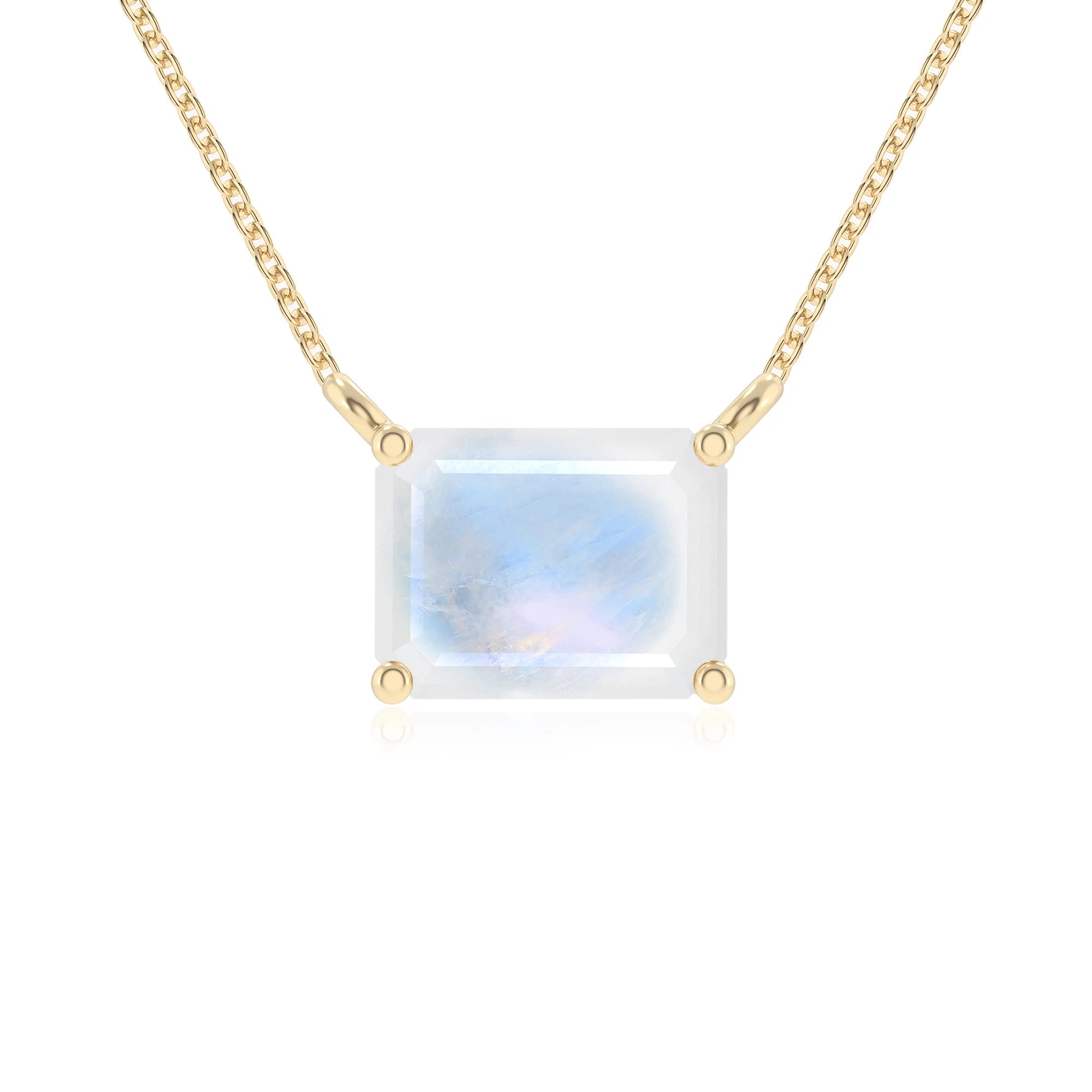 natural rainbow-moonstone emerald cut solitaire necklaces in yellow gold