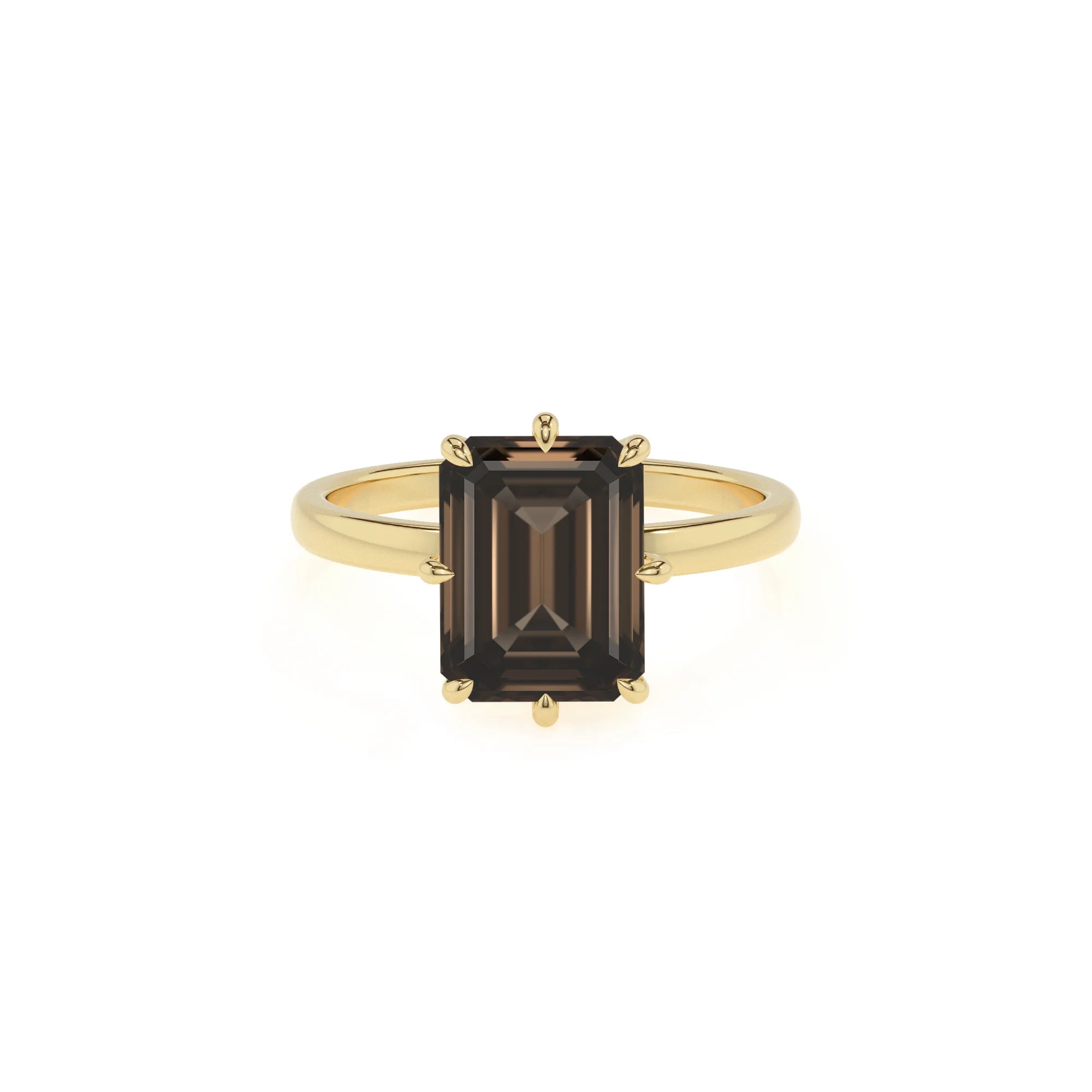 natural smoky-quartz emerald cut solitaire rings in yellow gold