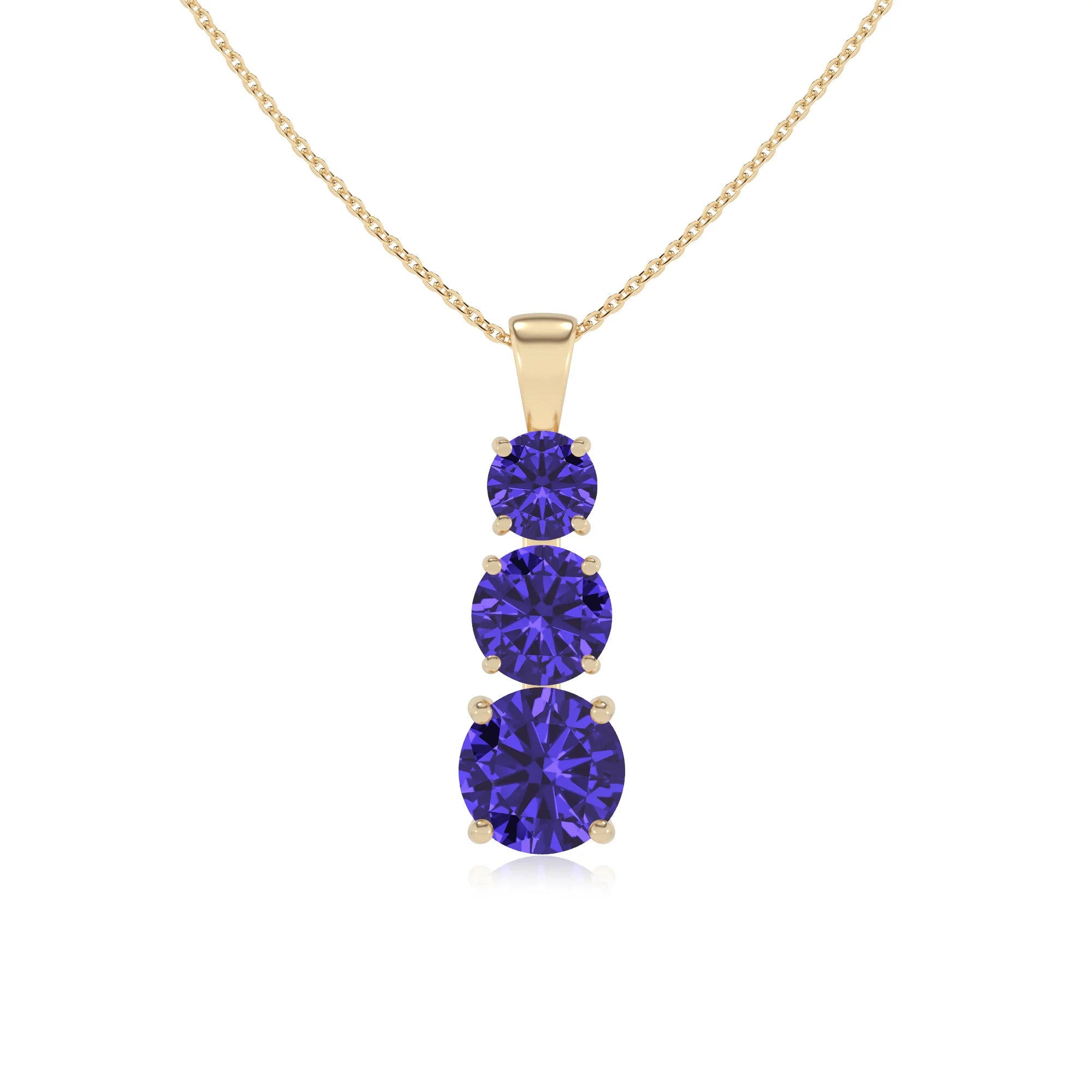lab grown tanzanite round bar v-bale necklaces in yellow gold