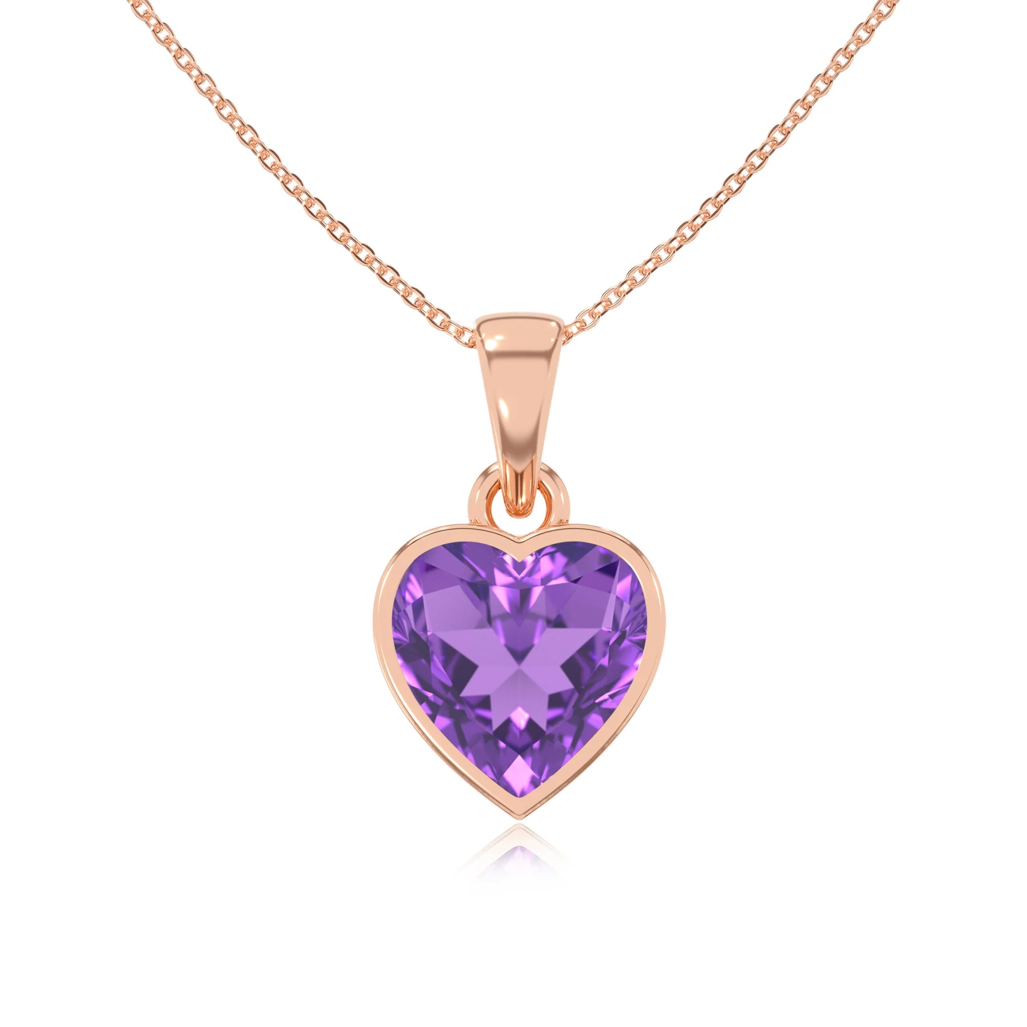lab grown amethyst heart solitaire necklaces in rose gold